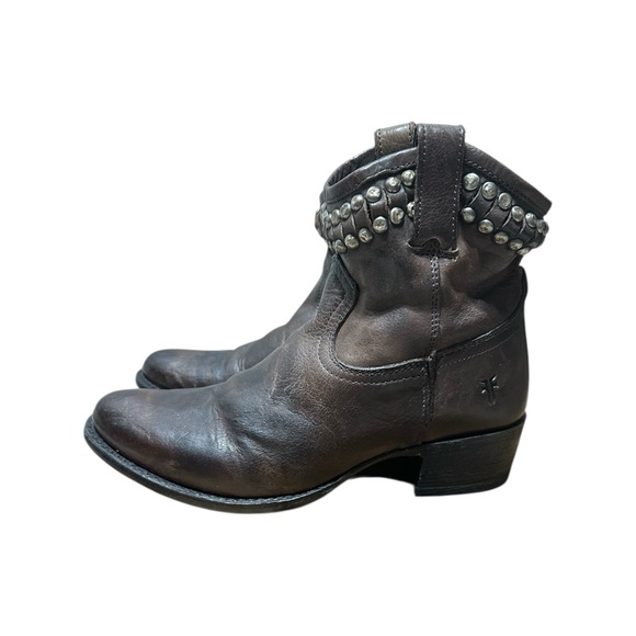 Frye Boots Diana Brown Leather Studded Western Almond Toe Heeled Short Boots - Picture 11 of 15